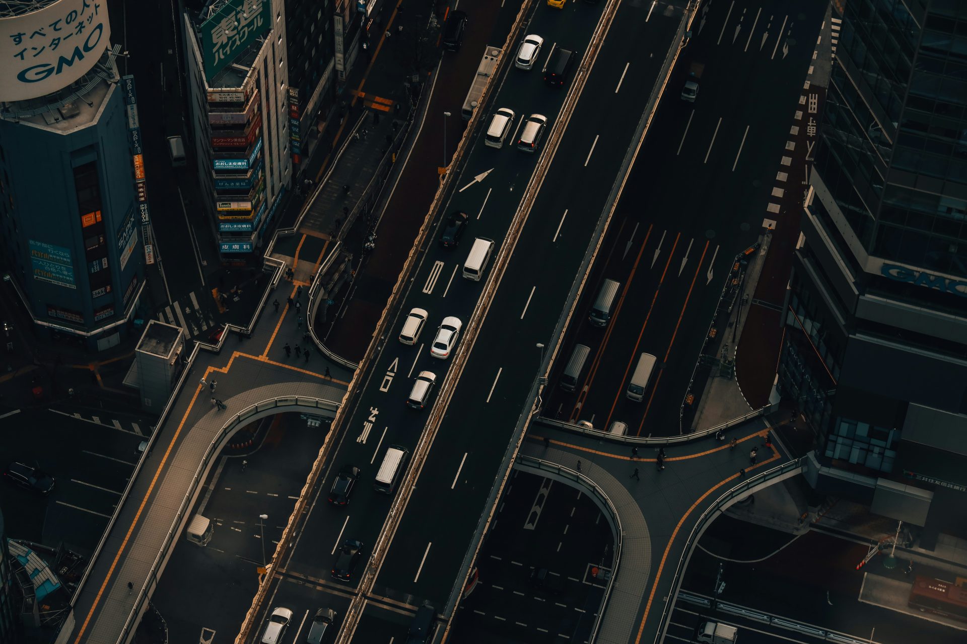 an aerial view of a busy city street at night